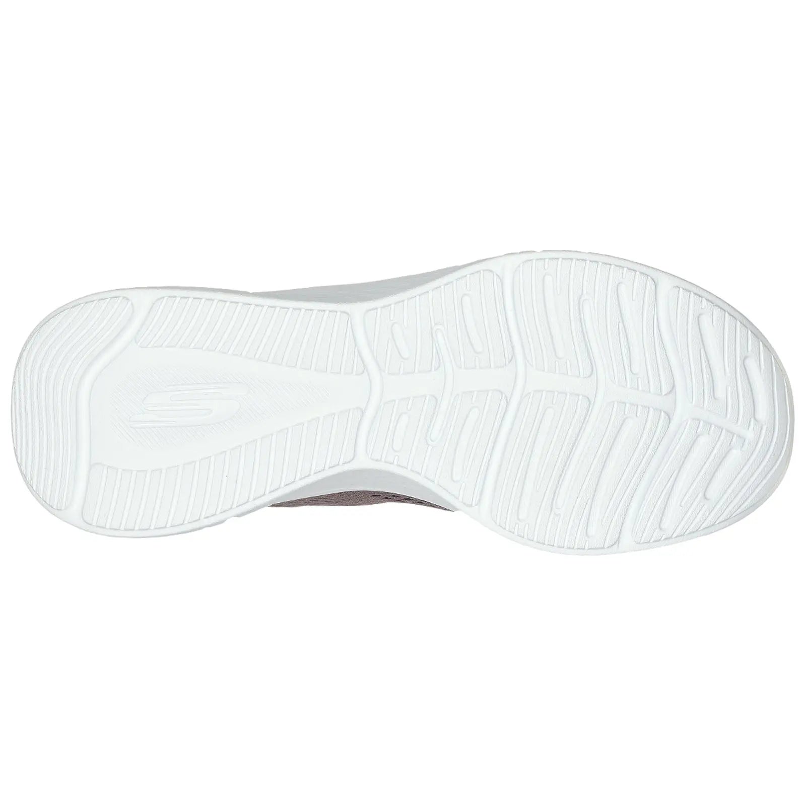 A white athletic shoe sole is displayed showing detailed tread patterns designed for grip and traction The shoe appears clean and well-defined against a plain background