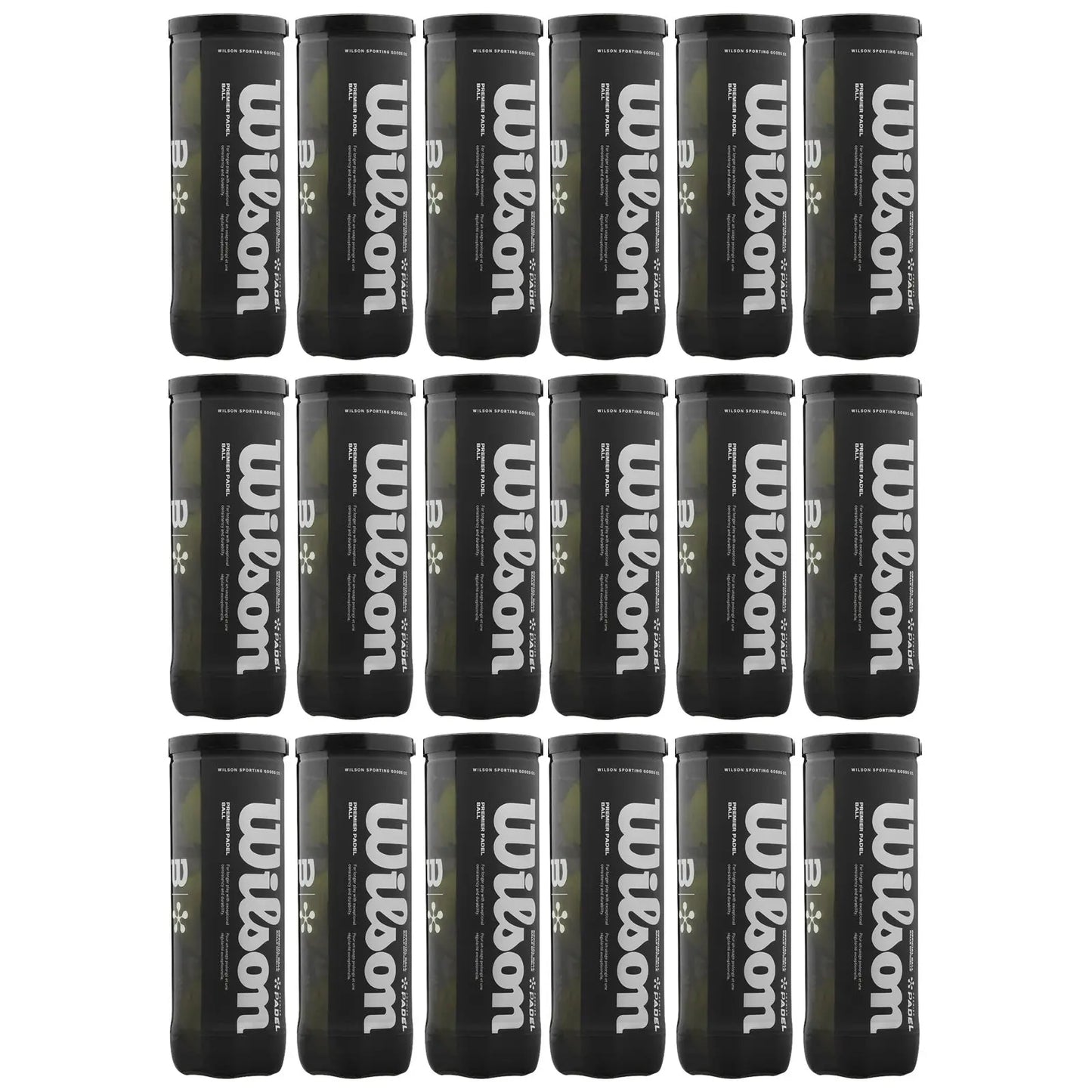 A grid of black cylindrical containers labeled Wilson is displayed with white text showing the brand name and product information each container stands upright in a neat arrangement