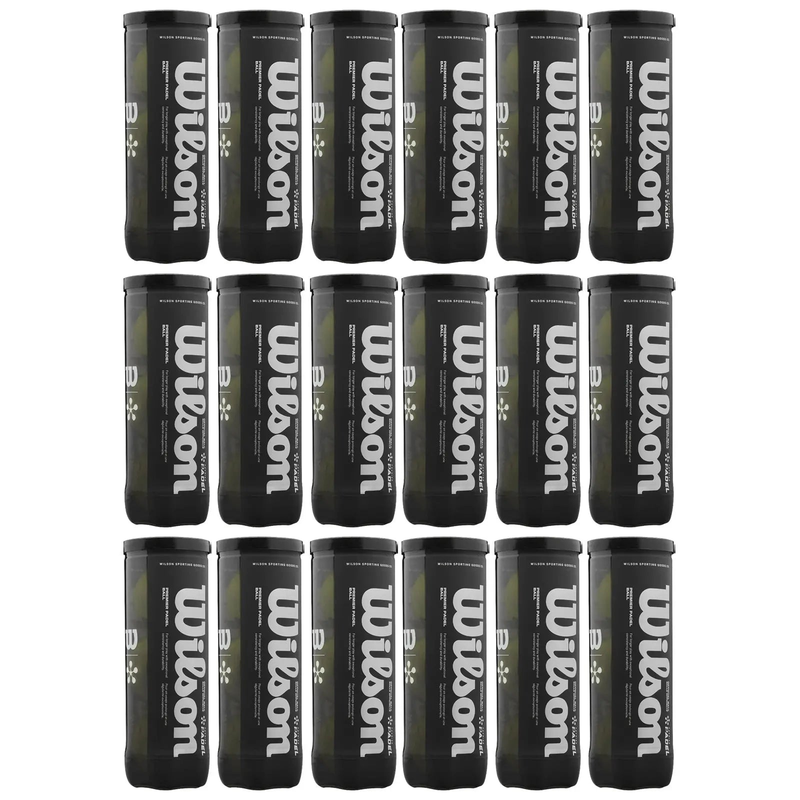 A grid of black cylindrical containers labeled Wilson is displayed with white text showing the brand name and product information each container stands upright in a neat arrangement