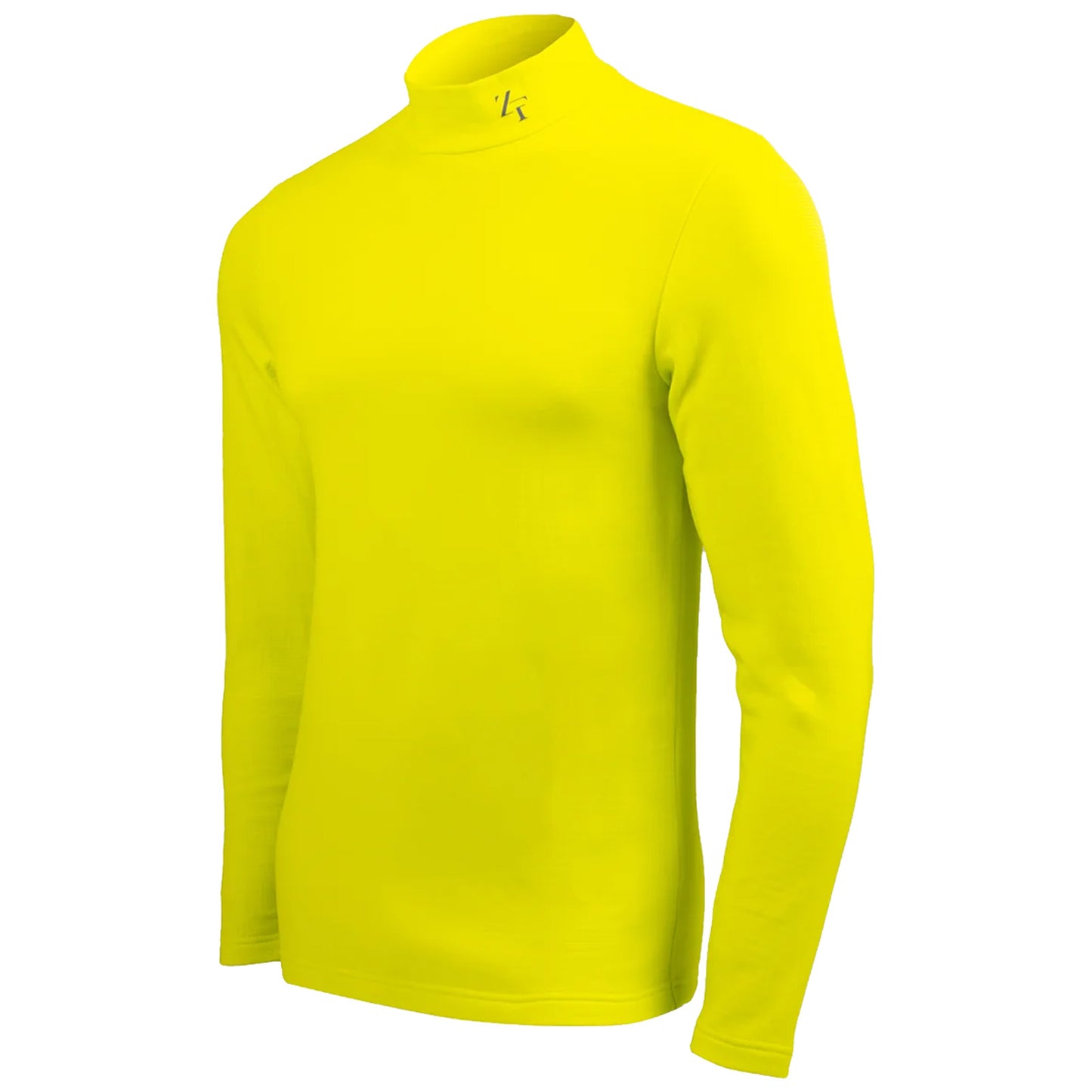 A long-sleeve bright yellow shirt stands upright revealing its fitted design and mock neck collar in a plain white background ideal for showcasing apparel.