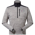A light gray pullover featuring a zippered collar and black accents rests on a flat surface with sleeves extended outward displaying a sporty design suitable for casual or athletic wear.