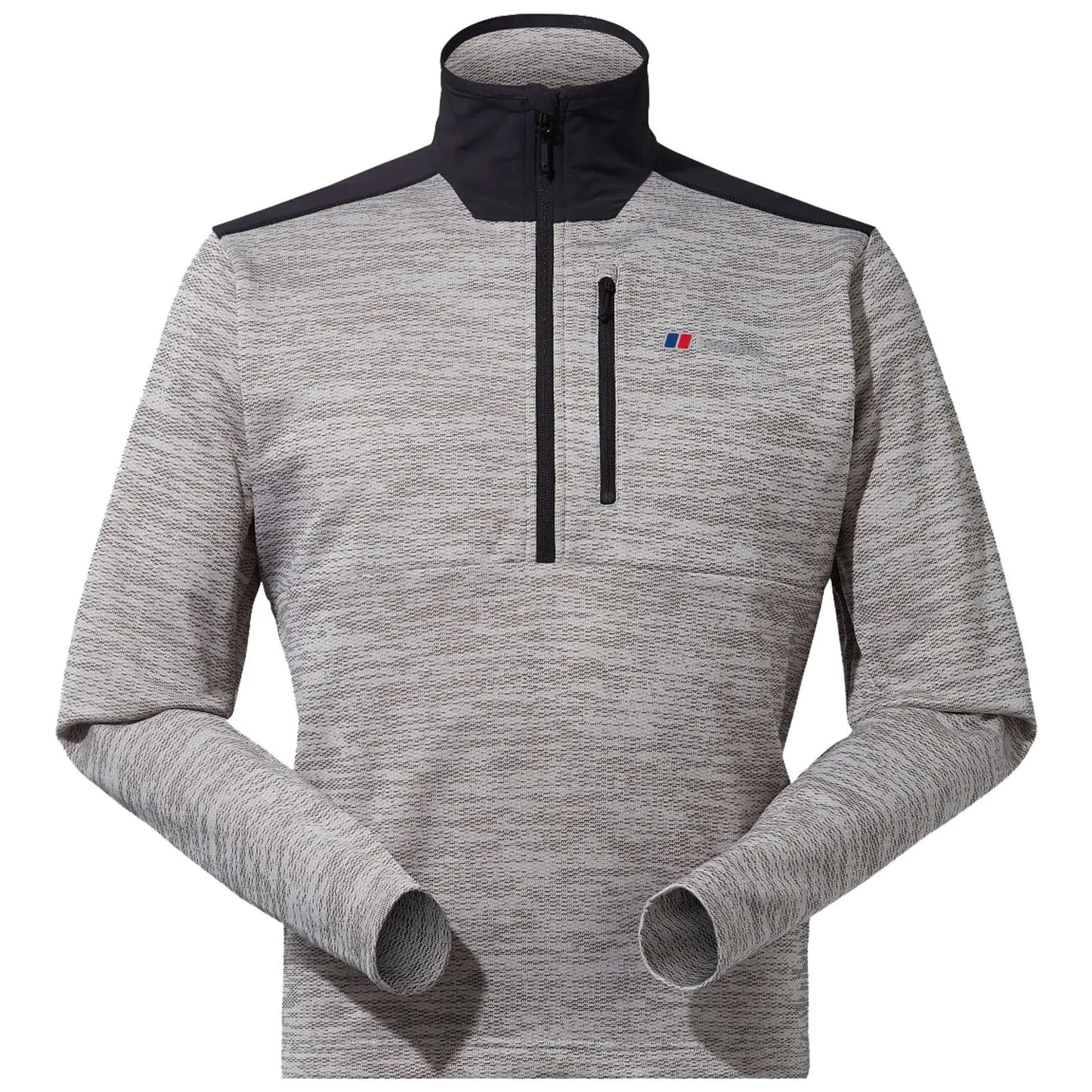 A light gray pullover featuring a zippered collar and black accents rests on a flat surface with sleeves extended outward displaying a sporty design suitable for casual or athletic wear.