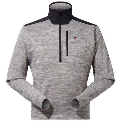 A light gray pullover featuring a zippered collar and black accents rests on a flat surface with sleeves extended outward displaying a sporty design suitable for casual or athletic wear.