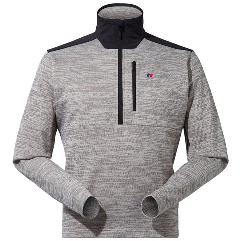 A light gray pullover featuring a zippered collar and black accents rests on a flat surface with sleeves extended outward displaying a sporty design suitable for casual or athletic wear.