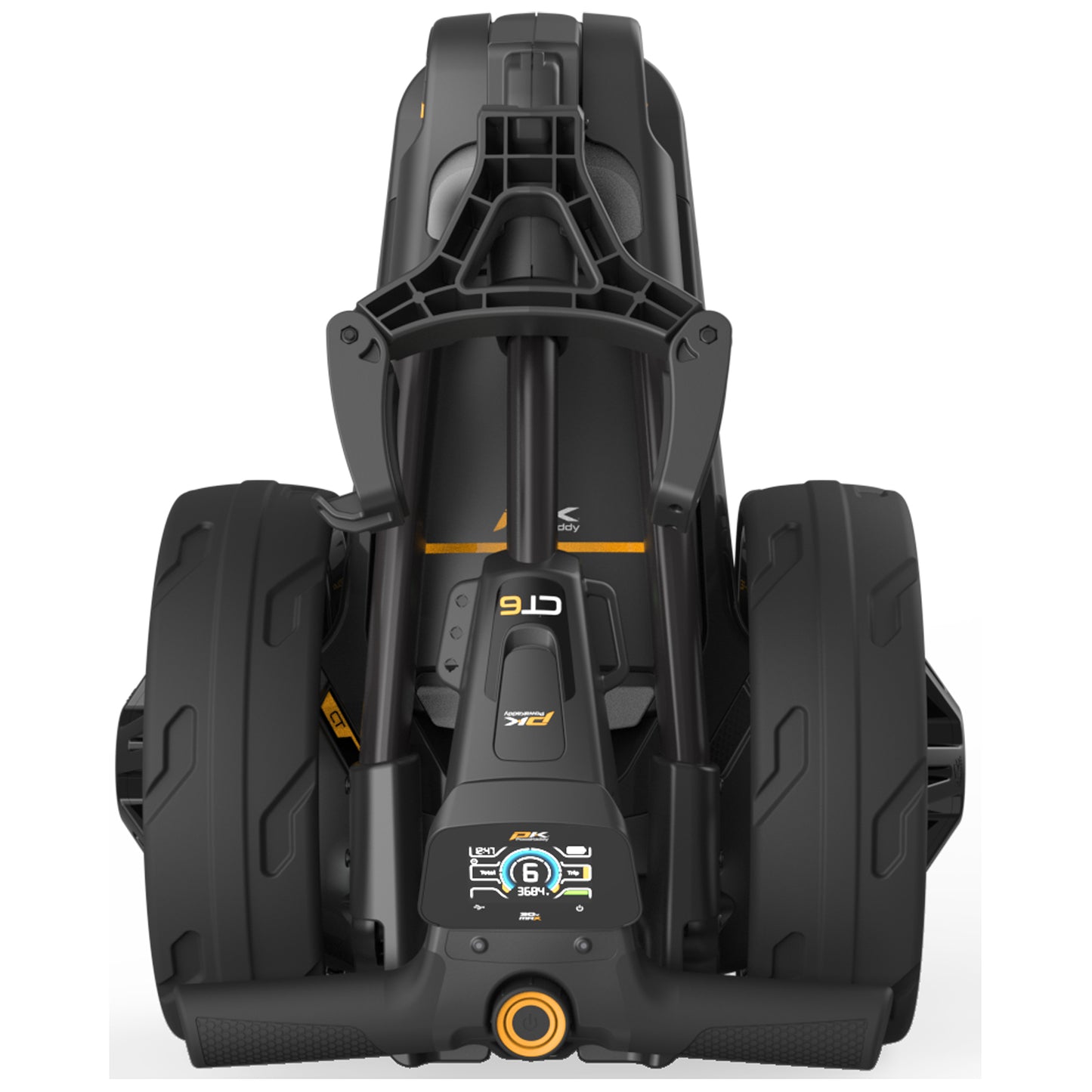 A black and yellow personal electric vehicle features large wheels a handlebar and an electronic display panel indicating speed and battery level situated in a neutral background.