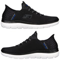 Black athletic shoes are positioned upright showing their textured surface and cushioned soles highlighting a sleek design and branding with a blue accent on the heel area