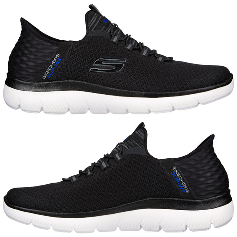 Black athletic shoes are positioned upright showing their textured surface and cushioned soles highlighting a sleek design and branding with a blue accent on the heel area