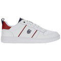 A white sneaker with red and black accents features a logo on the side and is positioned against a plain background, showcasing its design and details.