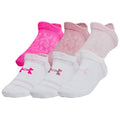 Five pairs of socks are arranged in a row featuring various shades of pink and white with some displaying a logo. They are designed for casual or athletic wear.