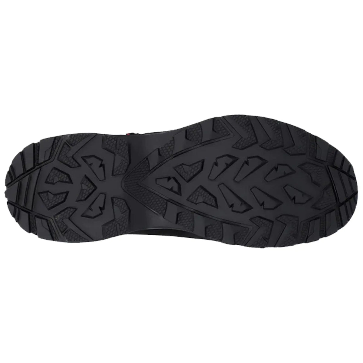 A black shoe sole is displayed with a geometric tread pattern designed for traction. It appears to be suitable for outdoor or rugged use on various surfaces.