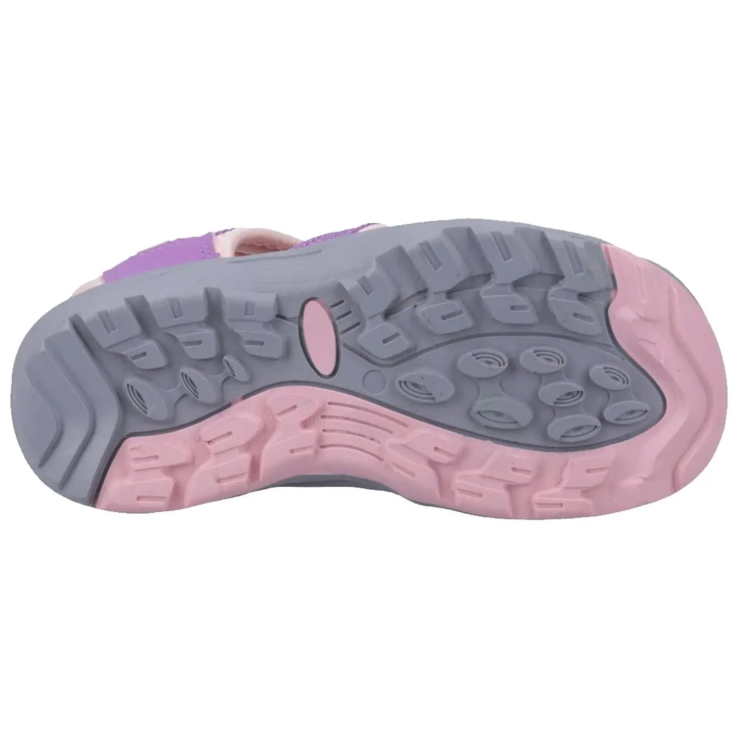 A sneaker sole shows a tread pattern designed for traction and durability it features a mix of light gray and pink rubber materials with various shapes for grip
