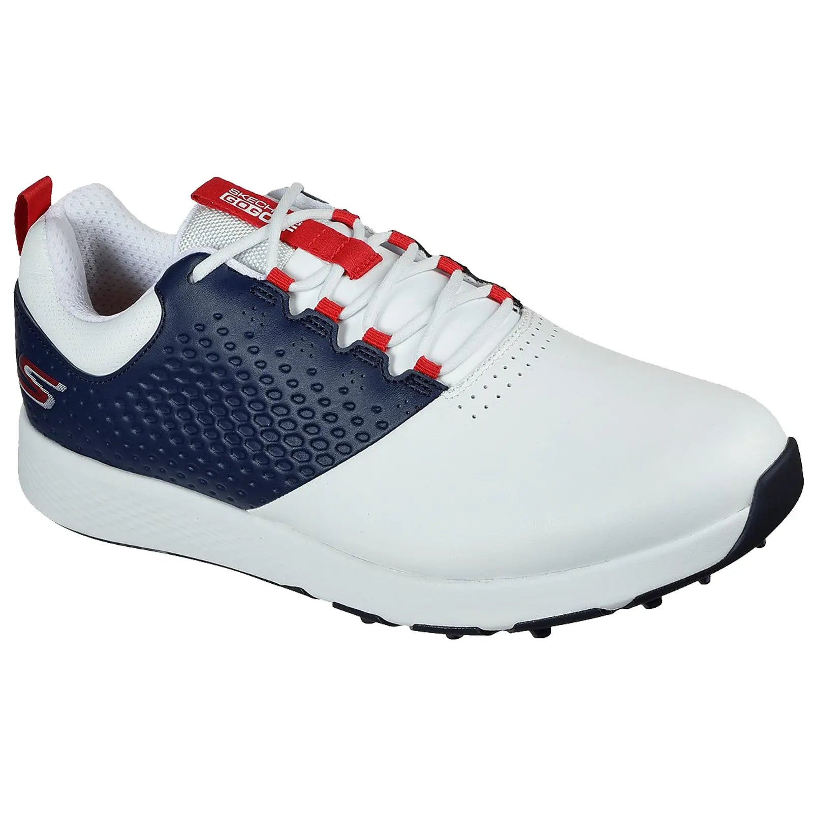 A golf shoe is displayed featuring a white body with navy blue accents and red laces showing a perforated design on the side suitable for athletic activity on the golf course.