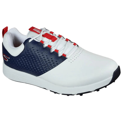 A golf shoe is displayed featuring a white body with navy blue accents and red laces showing a perforated design on the side suitable for athletic activity on the golf course.