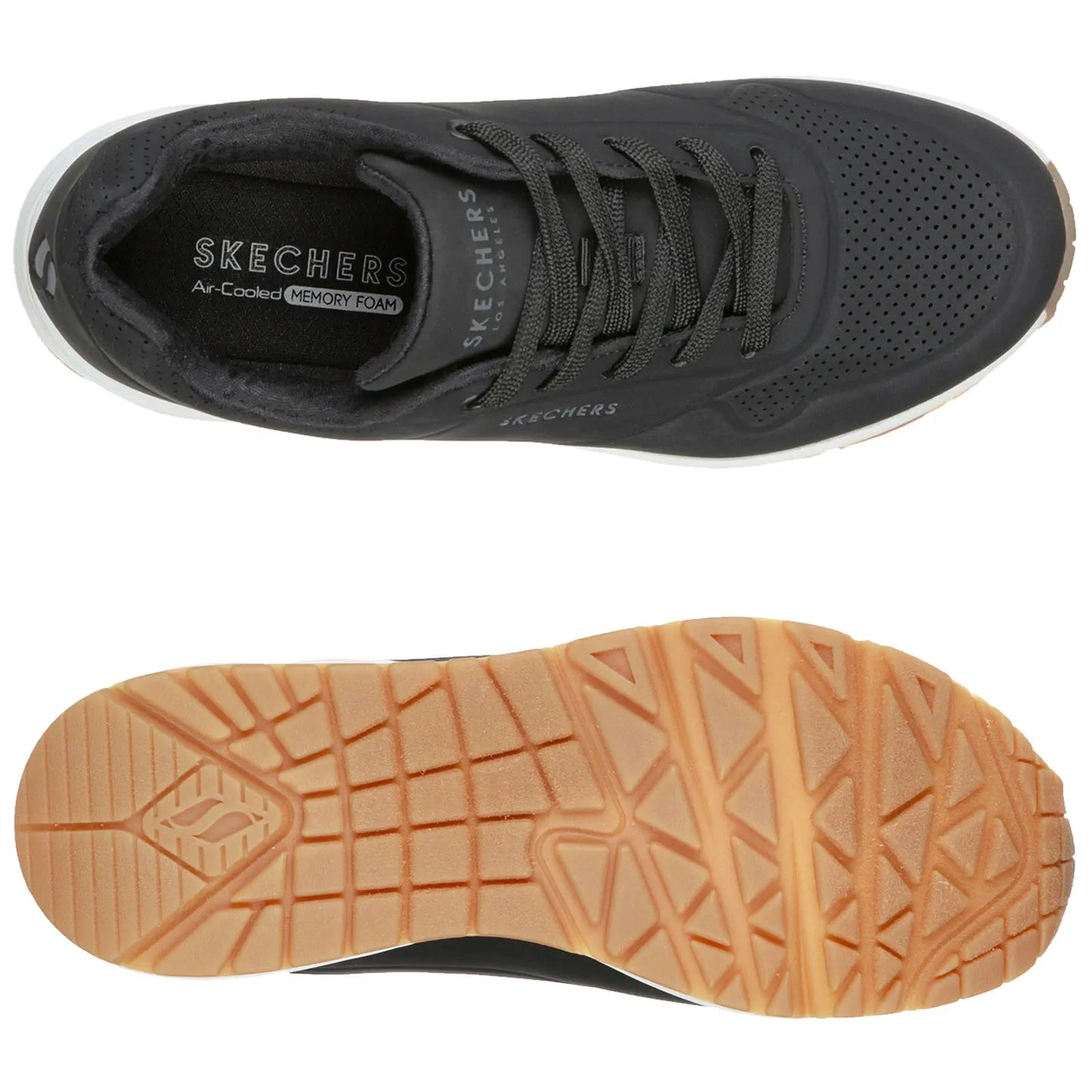 A black athletic shoe is displayed with a breathable upper and gray laces resting on a white background featuring a textured rubber outsole designed for grip and support. The insole has "SKECHERS Air-Cooled MEMORY FOAM" printed inside.
