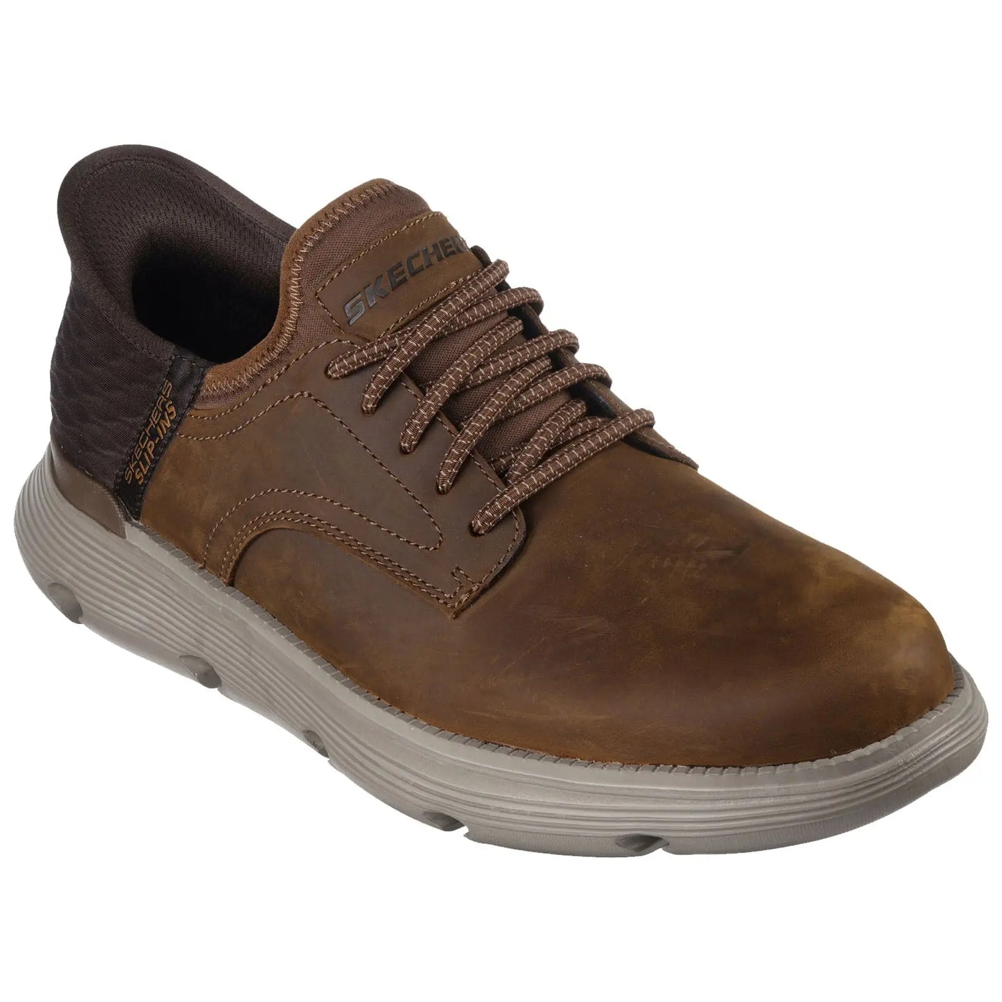 A brown leather sneaker with textured accents is positioned upright showcasing its lace-up design and cushioned sole intended for casual wear in a neutral environment.