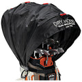 A black protective cover is designed to fit over golf clubs inside a bag keeping them dry during rain while showcasing a sleek modern design with branding on the side.