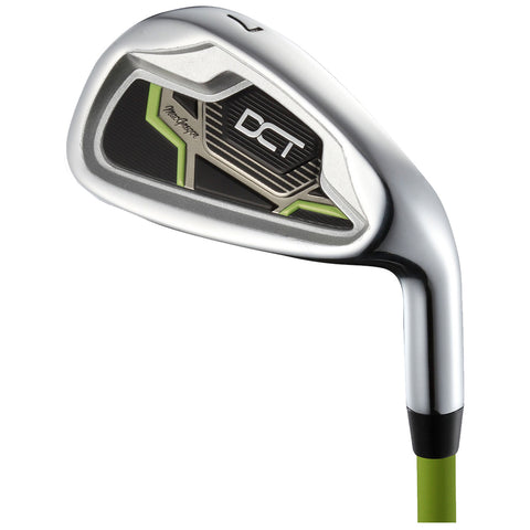 A golf iron club is displayed at an angle showcasing its shiny silver finish and a black and green design on the clubface emphasizing its modern style and technology.