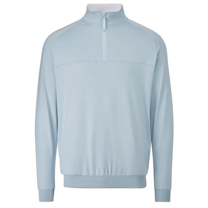 Light blue long-sleeved pullover with a half zipper at the neck and ribbed cuffs and hem displayed against a plain background suggesting casual athletic wear suitable for varied activities