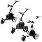 Three electric golf carts are displayed in various designs showcasing a black and red model a black model and a white model all set against a plain background with text stating FREE ACCESSORY PACK.