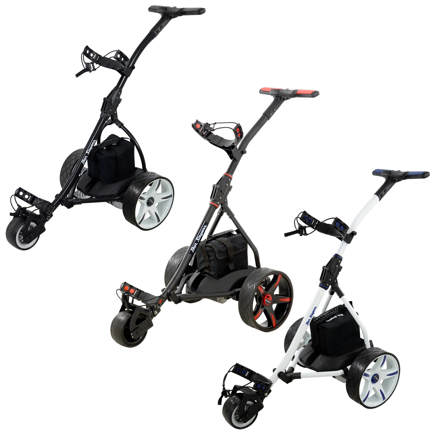 Three electric golf carts are displayed in various designs showcasing a black and red model a black model and a white model all set against a plain background with text stating FREE ACCESSORY PACK.