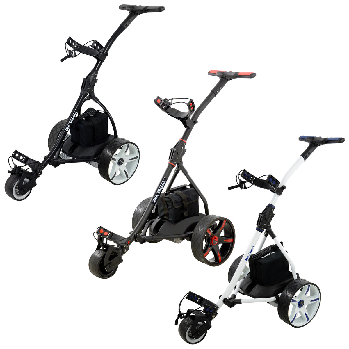 Three electric golf carts are displayed in various designs showcasing a black and red model a black model and a white model all set against a plain background with text stating FREE ACCESSORY PACK.