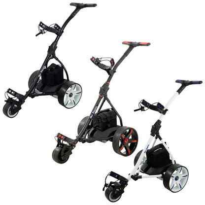 Three electric golf carts are displayed in various designs showcasing a black and red model a black model and a white model all set against a plain background with text stating FREE ACCESSORY PACK.