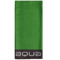 A bright green towel hangs vertically with a textured surface featuring black trim at the bottom containing the word aqua in a modern font