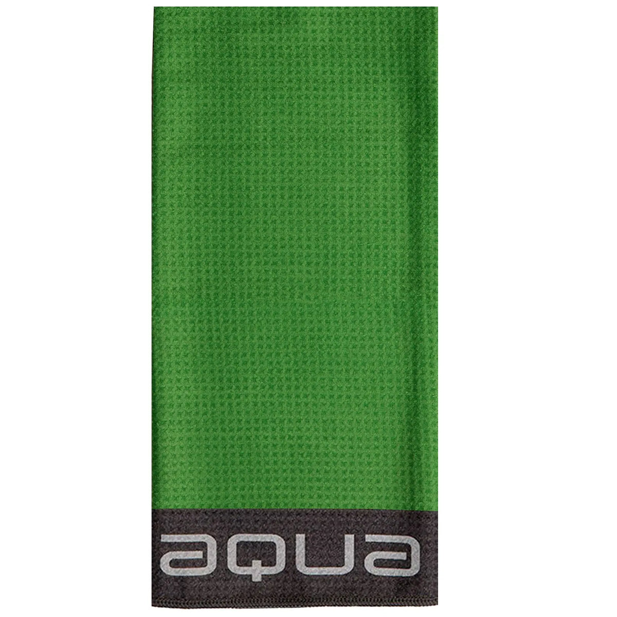 A bright green towel hangs vertically with a textured surface featuring black trim at the bottom containing the word aqua in a modern font