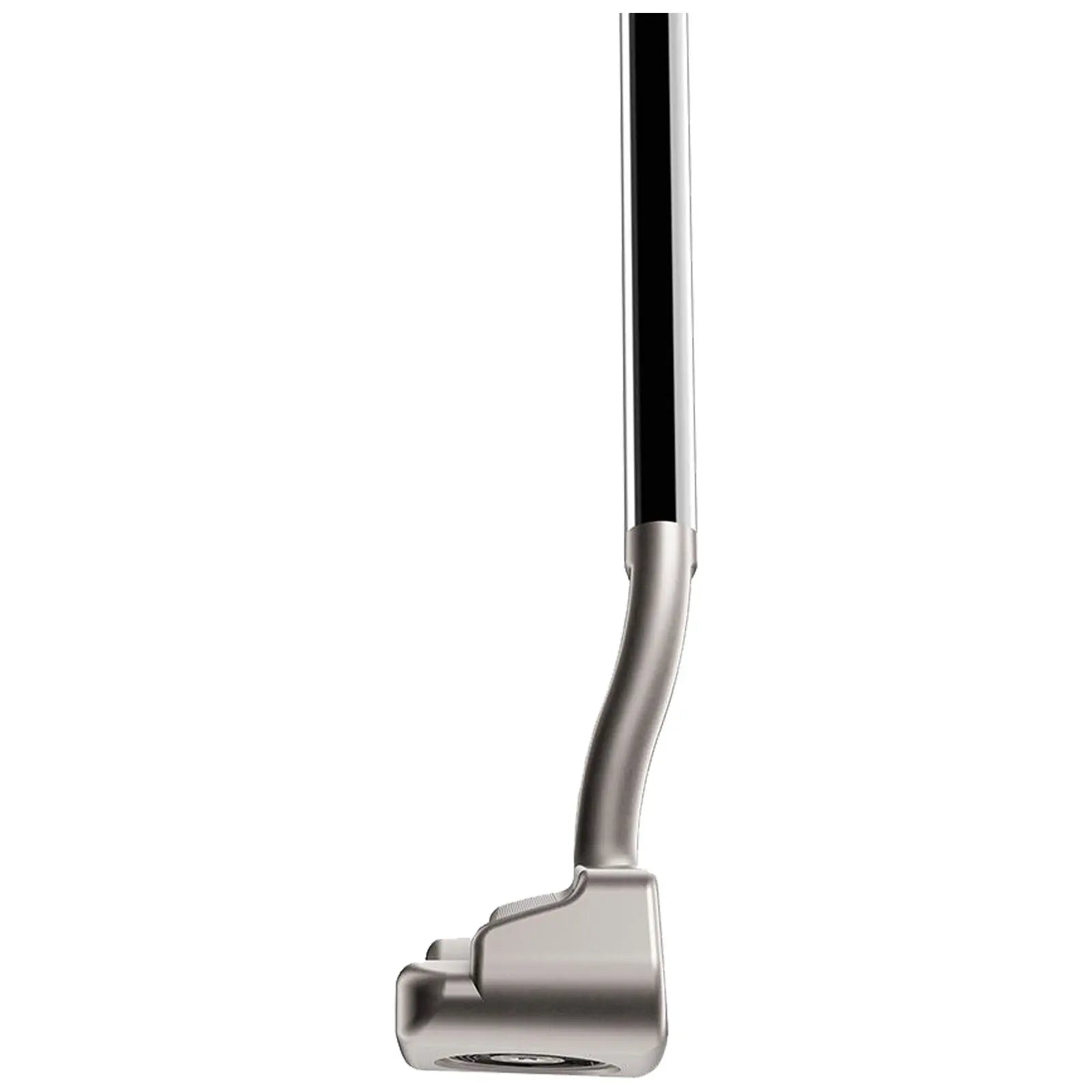A golf putter is displayed upright with a curved neck and a flat head positioned at the bottom highlighting its sleek metallic finish and ergonomic design.