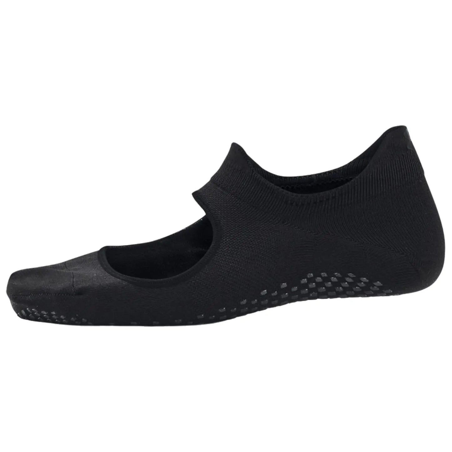 A black sock-like shoe is displayed featuring a snug fit and a cutout at the top side providing flexibility while textured rubber grips are visible on the sole for traction.