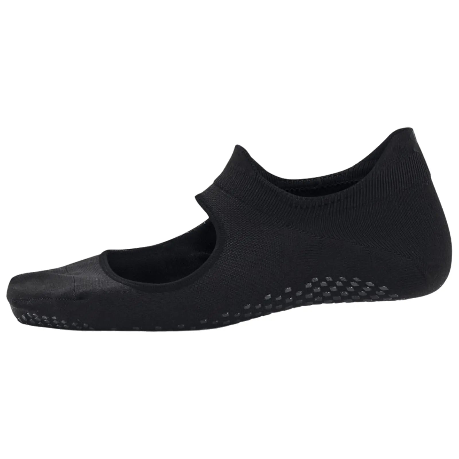 A black sock-like shoe is displayed featuring a snug fit and a cutout at the top side providing flexibility while textured rubber grips are visible on the sole for traction.