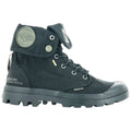 A black canvas boot stands upright featuring a high-top design with a folded tongue secured by a snap button showcasing a rugged sole and various branding details.
