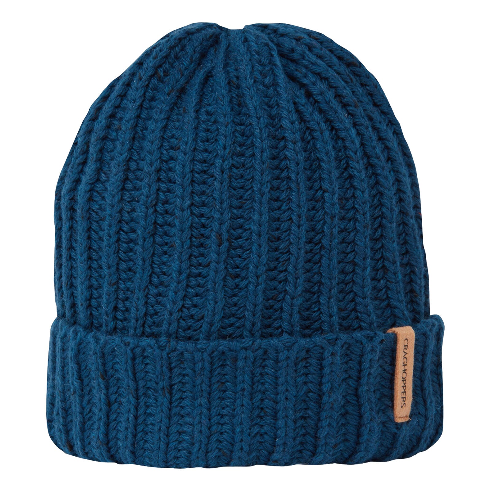 A knitted blue beanie sits upright showcasing textured ribs and a rolled cuff with a small tag on the side indicating the brand or designer name.