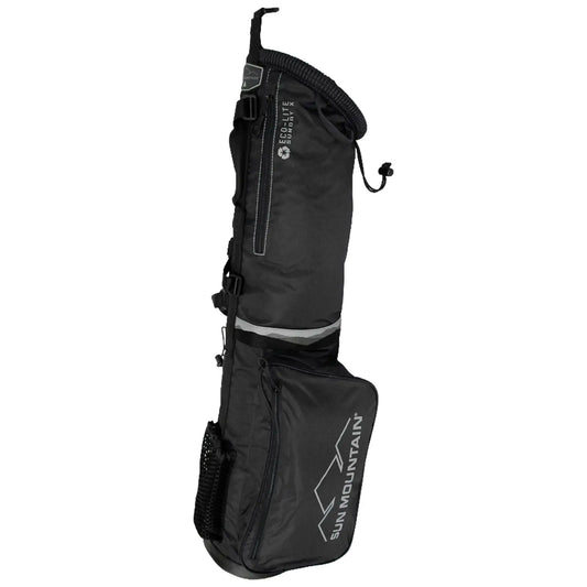 A sleek black golf bag stands upright featuring a main compartment for clubs a side pocket for accessories and reflective strips for visibility in outdoor settings.