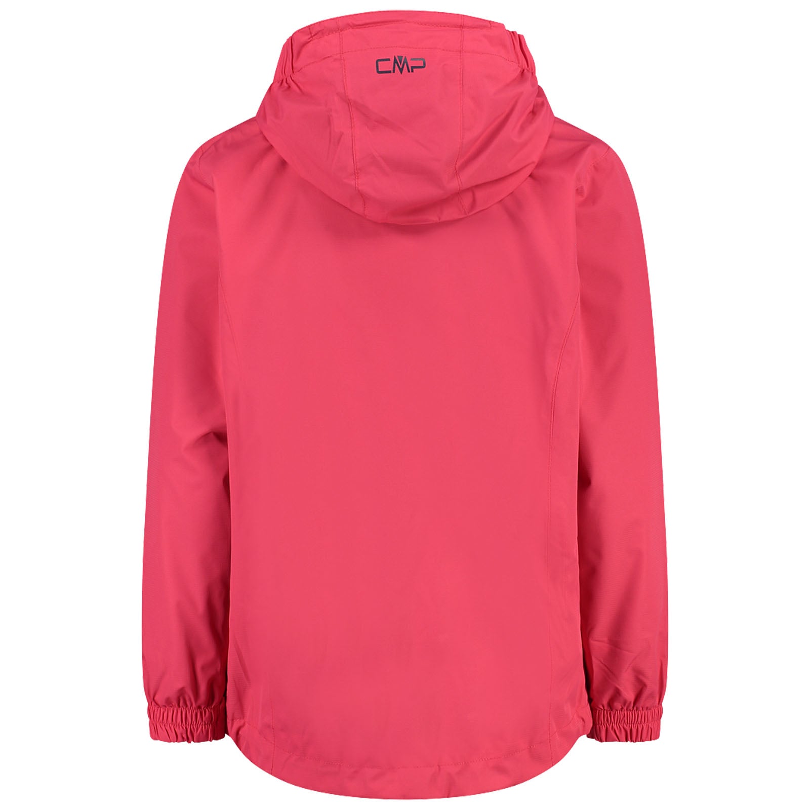 A bright pink jacket stands upright showcasing its hood and elastic cuffs designed for comfort and style in outdoor settings. The branding on the back indicates its brand.