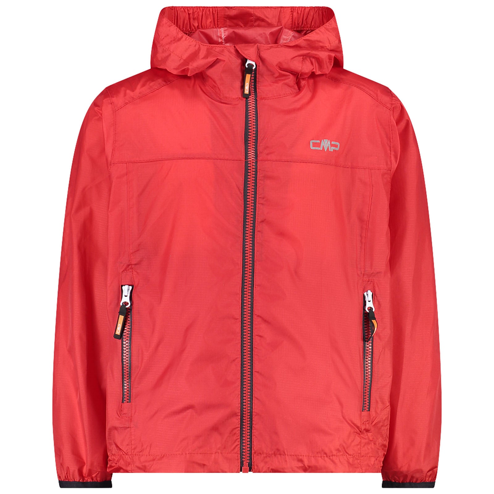 A bright red jacket hangs upright showcasing a zipper and side pockets designed for outdoor use in a casual setting, featuring a hood for potential rain protection.