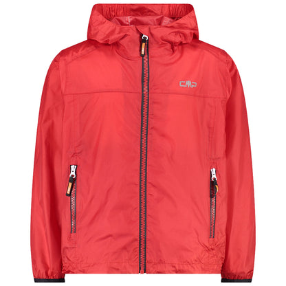 A bright red jacket hangs upright showcasing a zipper and side pockets designed for outdoor use in a casual setting, featuring a hood for potential rain protection.