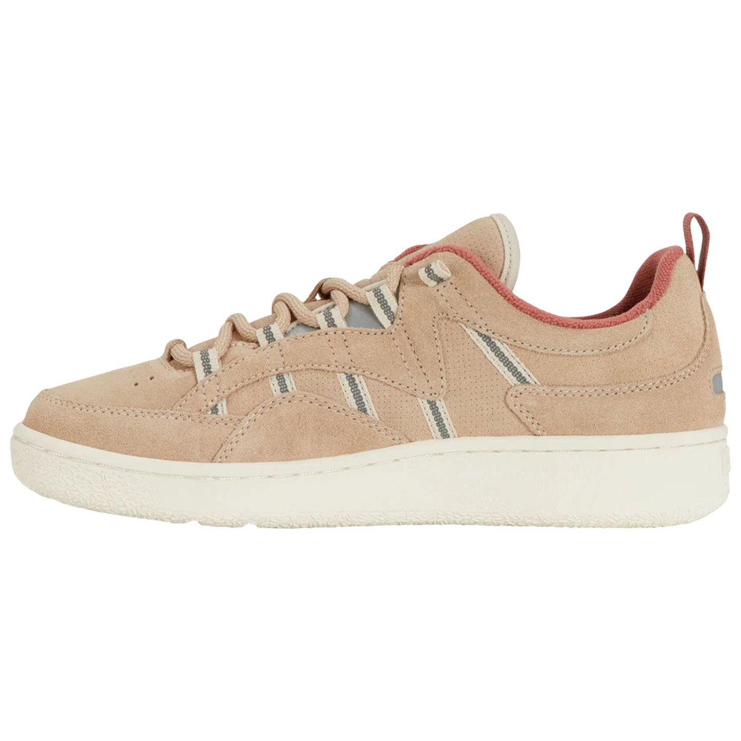 A tan suede sneaker with gray and white stripes is positioned sideways showcasing its laces and padded collar against a plain white background.