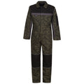 A camouflage-patterned coverall is displayed hanging front-facing. The coverall features a black collar and shoulder accents with side pockets and contrasting sections at the knees.