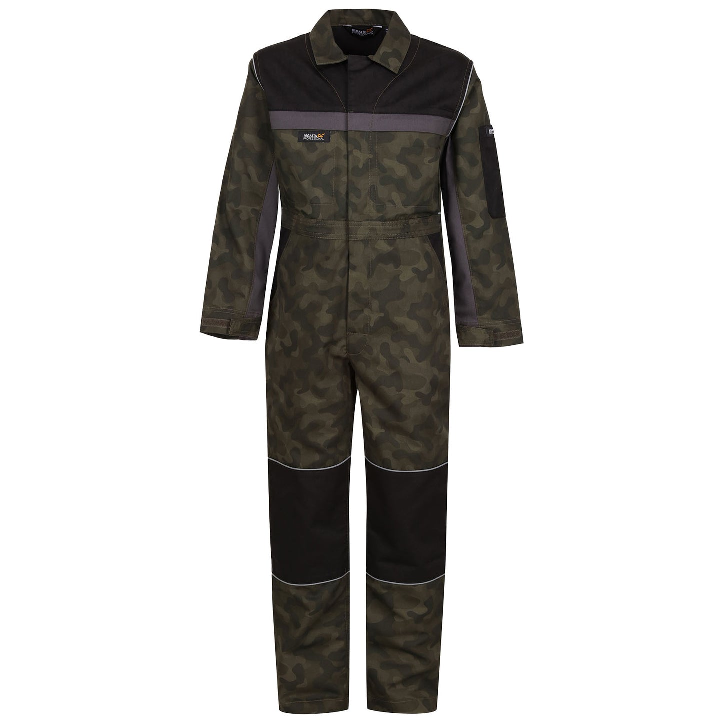 A camouflage-patterned coverall is displayed hanging front-facing. The coverall features a black collar and shoulder accents with side pockets and contrasting sections at the knees.