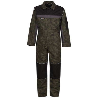 A camouflage-patterned coverall is displayed hanging front-facing. The coverall features a black collar and shoulder accents with side pockets and contrasting sections at the knees.