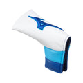 A colorful golf club headcover with a blue logo partially covers a golf club shaft resting upright on a plain white background showcasing a structured design and vibrant colors.