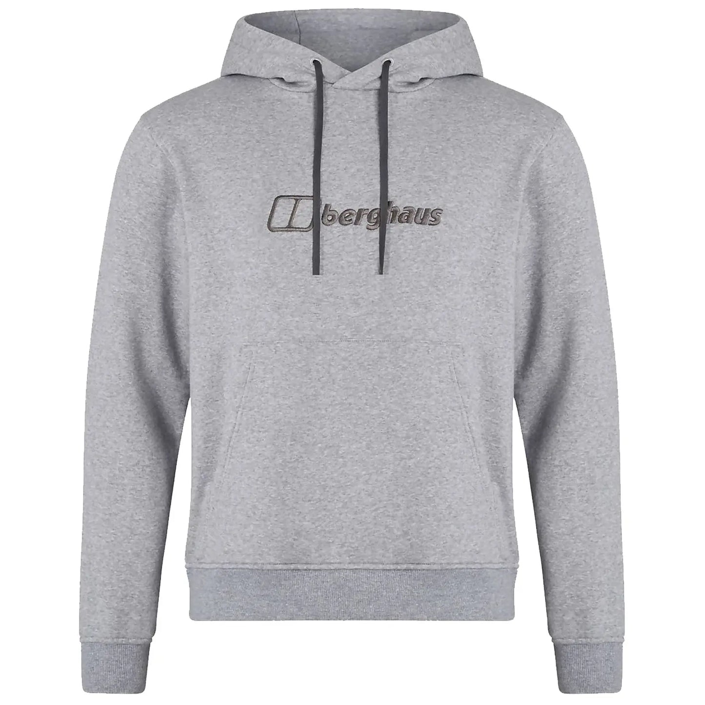 A grey hooded sweatshirt features an embroidered logo reading berghaus on the front It has a large pocket at the waist and ribbed cuffs at the sleeves