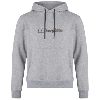 A grey hooded sweatshirt features an embroidered logo reading berghaus on the front It has a large pocket at the waist and ribbed cuffs at the sleeves