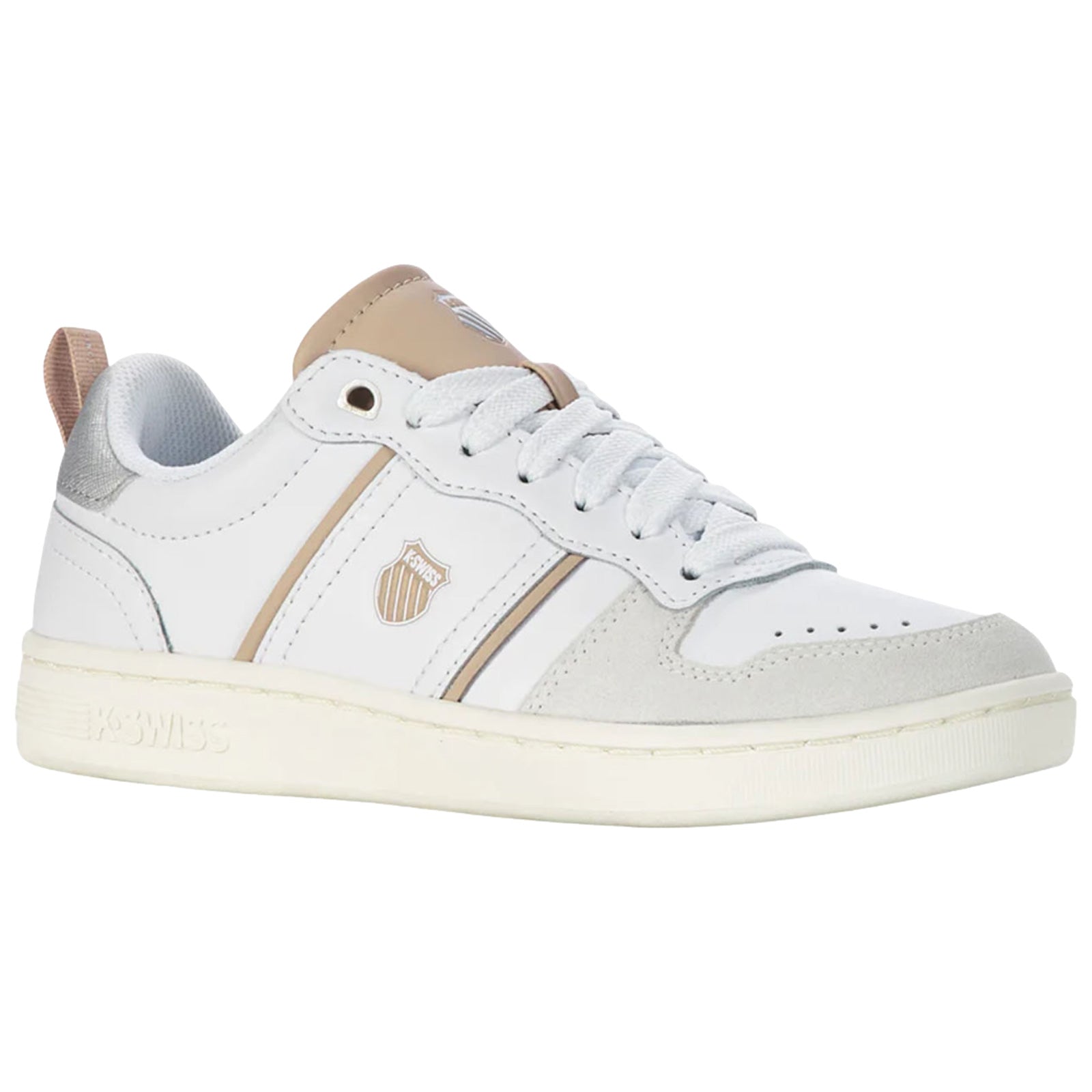 A white sneaker with gray and beige accents rests on a flat surface showcasing a sleek design laced up and featuring a logo on the side and a cushioned sole.