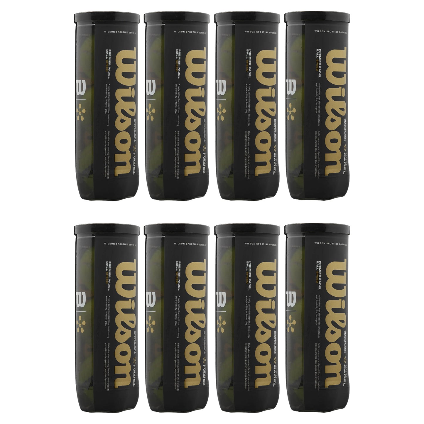 Eight cylindrical containers are arranged in two rows, each labeled with the word "Wilson" in gold. The containers contain tennis balls and are set against a plain background.