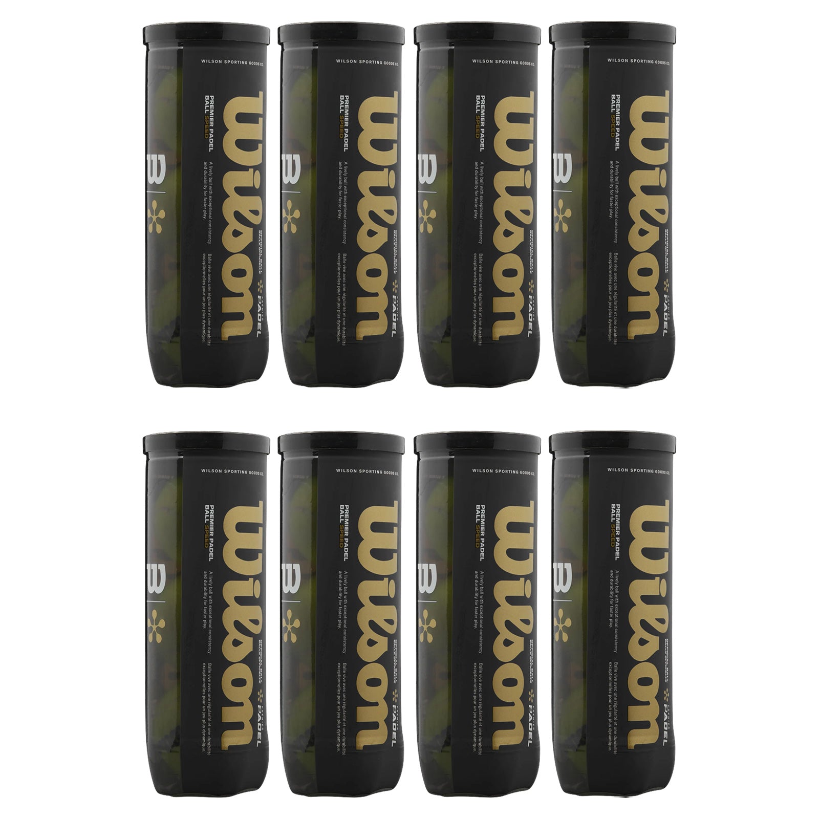Eight cylindrical containers are arranged in two rows, each labeled with the word "Wilson" in gold. The containers contain tennis balls and are set against a plain background.