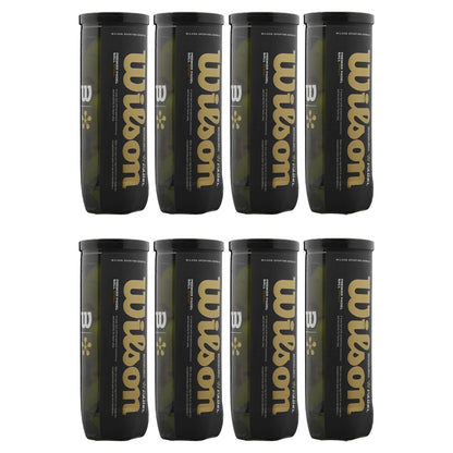Eight cylindrical containers are arranged in two rows, each labeled with the word "Wilson" in gold. The containers contain tennis balls and are set against a plain background.