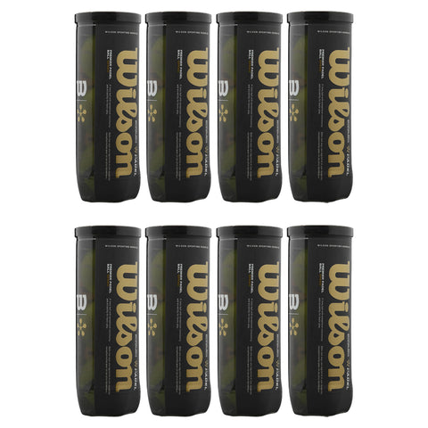 Eight cylindrical containers are arranged in two rows, each labeled with the word "Wilson" in gold. The containers contain tennis balls and are set against a plain background.