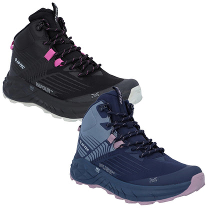 Two pairs of hiking shoes are displayed side by side featuring a black and pink model on top and a blue and pink model below both designed for outdoor activities with high traction soles.